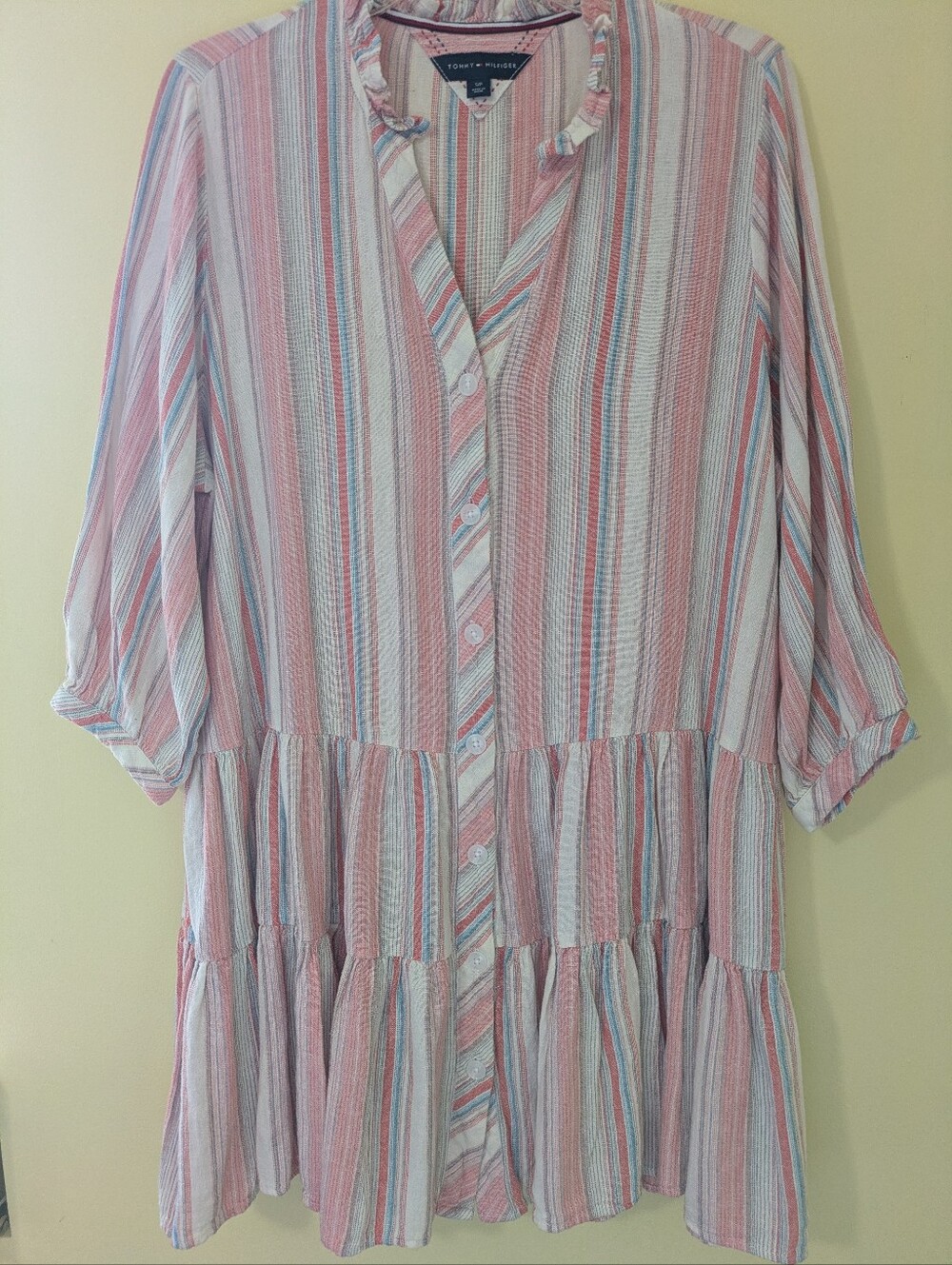 Tommy Hilfiger Pink Multi-Striped Ruffle Button Linen Dress Size Small